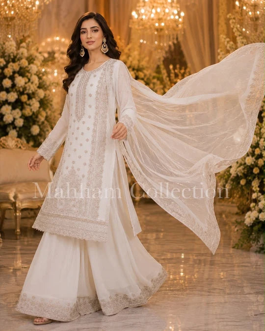 Luxury Chiffon Embroidered Sharara Suit – 3 Piece Party Wear