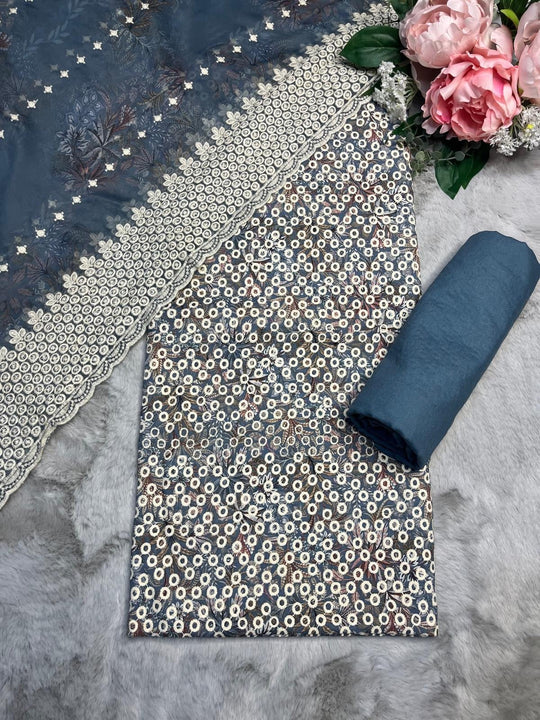 D-794 Winter Blue Chikankari | Fully Embroidered Unstitched | Linen Suit