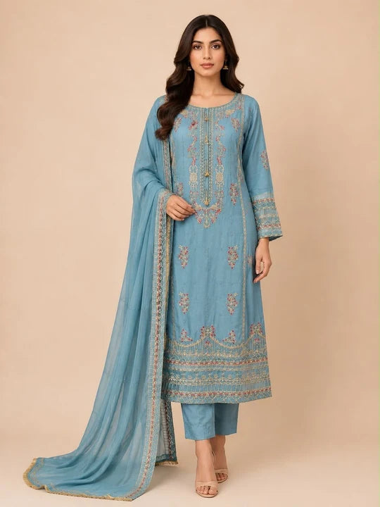 Light Blue Mahham 3 piece luxury Embroidered Chiffon