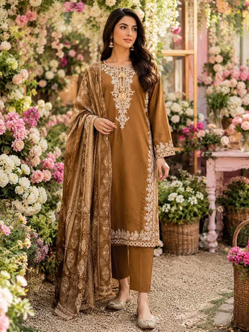 DARK MUSTARD BROWN EMBROIDERED | LINEN READY TO WEAR SUIT WITH | PRINTED COTTON DUPATTA