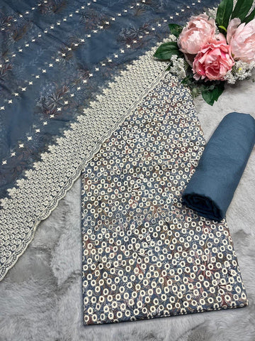D-794 Winter Blue Chikankari | Fully Embroidered Unstitched | Linen Suit