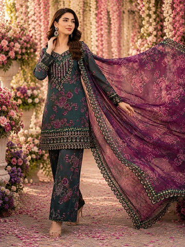 Embroidered Cotton Ready to Wear  | 3 Piece Shirt Plazzo Suit
