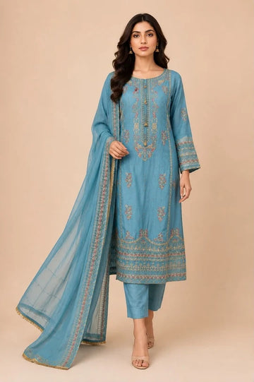 Light Blue Mahham 3 piece luxury Embroidered Chiffon