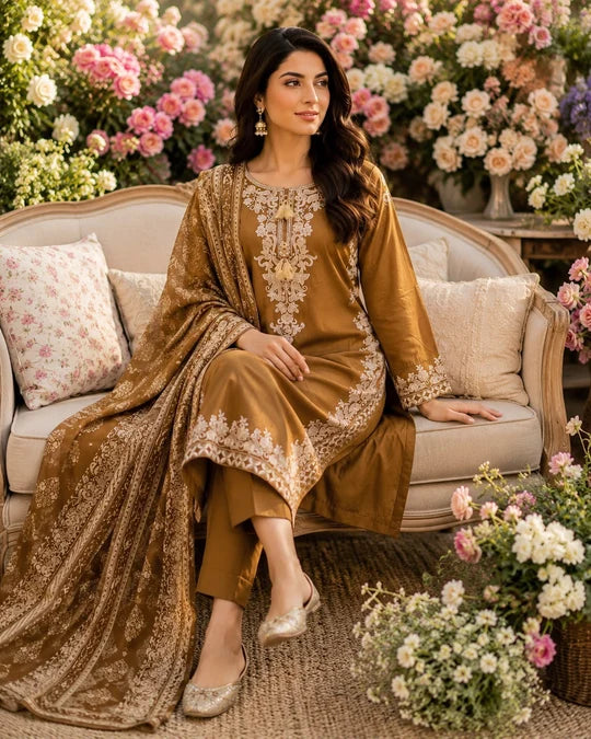 DARK MUSTARD BROWN EMBROIDERED | LINEN READY TO WEAR SUIT WITH | PRINTED COTTON DUPATTA