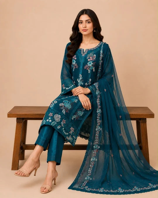 Teal Mahham 3 piece luxury Embroidered Chiffon