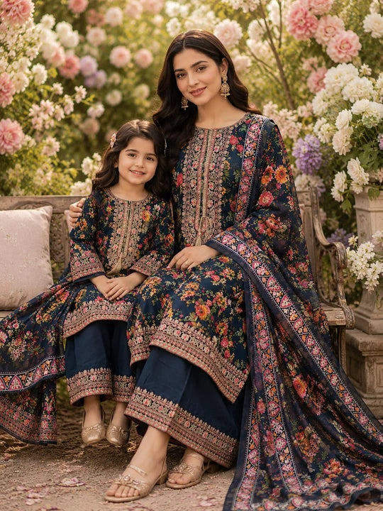 TEAL EMBROIDERED | FARSHI SALWAR LINEN MOTHER & DAUGHTER READY TO WEAR COLLECTION | - PERFECT FOR FAMILYTEAL EMBROIDERED | FARSHI SALWAR LINEN MOTHER & DAUGHTER  | - PERFECT FOR FAMILY