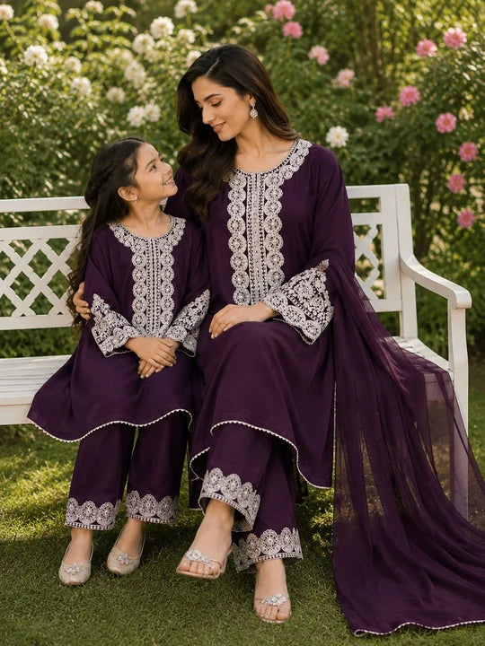Plum - Mother & Daughter | Ready to Wear Stone Linen Maxi Dress | With Chiffon Duptta