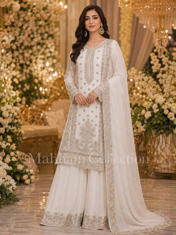Luxury Chiffon Embroidered Sharara Suit – 3 Piece Party Wear