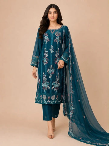 Teal Mahham 3 piece luxury Embroidered Chiffon