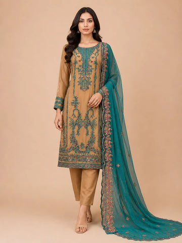 Brown Mahham 3 piece luxury Embroidered Chiffon Pakistani ladies suit
