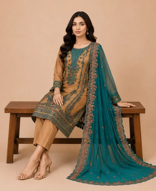 Brown Mahham 3 piece luxury Embroidered Chiffon Pakistani ladies suit