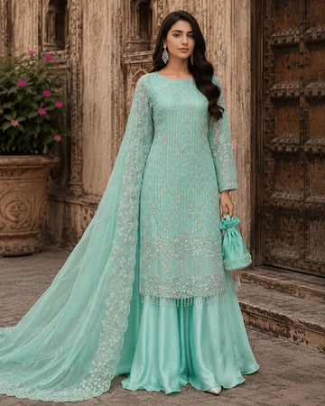 Mint Luxury Sheesha Silk Cut Dana Embroidered 3 Piece Formal Suit silk palazzo
