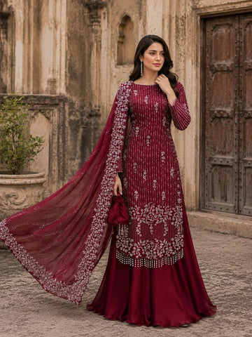 Maroon Luxury Sheesha Silk Cut Dana Embroidered 3 Piece Formal Suit silk palazzo