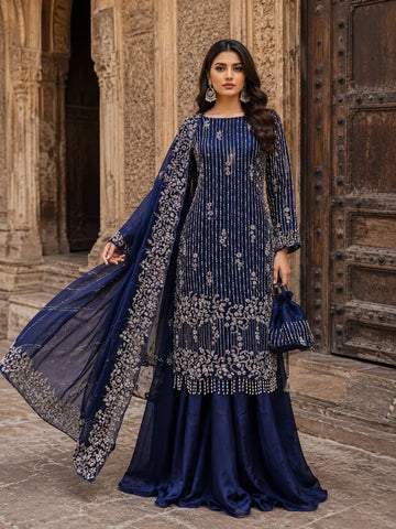 Blue Luxury Sheesha Silk Cut Dana Embroidered 3 Piece Formal Suit silk palazzo