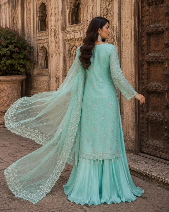 Mint Luxury Sheesha Silk Cut Dana Embroidered 3 Piece Formal Suit silk palazzo