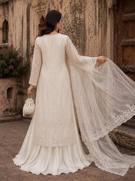 Off White Luxury Sheesha Silk Cut Dana Embroidered 3 Piece Formal Suit silk palazzo