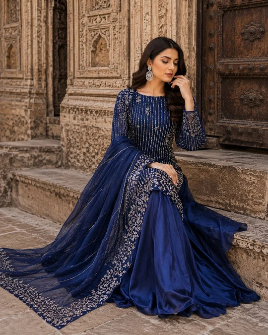 Blue Luxury Sheesha Silk Cut Dana Embroidered 3 Piece Formal Suit silk palazzo