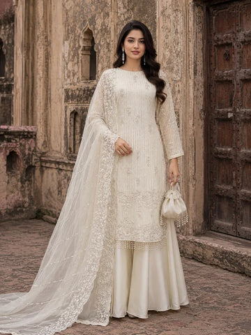 Off White Luxury Sheesha Silk Cut Dana Embroidered 3 Piece Formal Suit silk palazzo