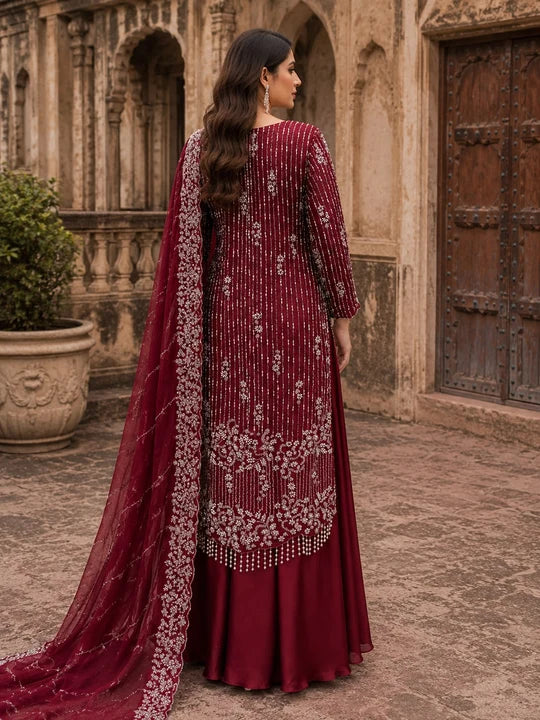 Maroon Luxury Sheesha Silk Cut Dana Embroidered 3 Piece Formal Suit silk palazzo