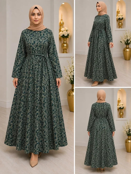 Green Premium | Printed Linen Long Dress | Women’s Pakistani Wear