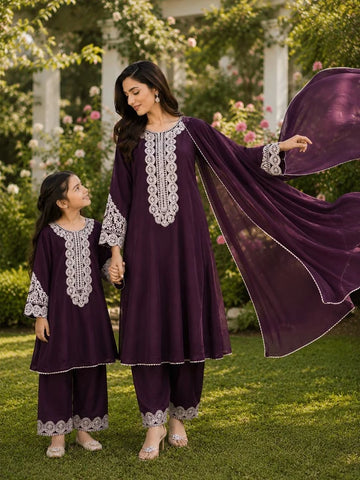 Plum - Mother & Daughter | Ready to Wear Stone Linen Maxi Dress | With Chiffon Duptta