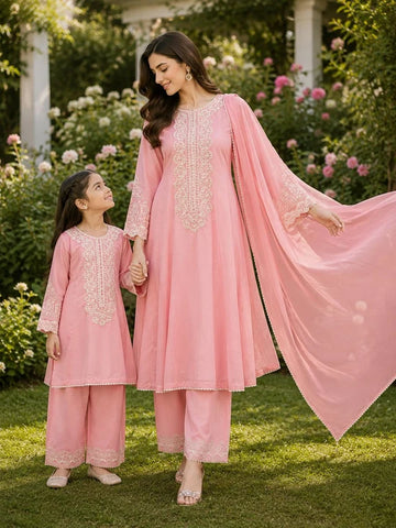 Peachy Pink - Mother & Daughter | Linen Maxi Dress | With Chiffon Duptta