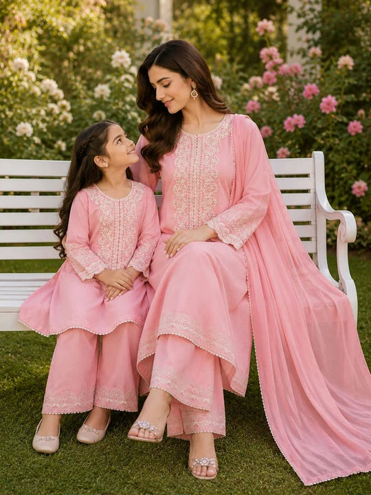 Peachy Pink - Mother & Daughter | Linen Maxi Dress | With Chiffon Duptta
