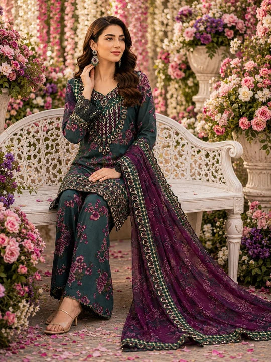 Embroidered Cotton Ready to Wear  | 3 Piece Shirt Plazzo Suit