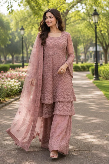 Dusty Pink Fancy Peplum With Plazzo Premium Embroidered Net Collection With Embroidered Duppatta