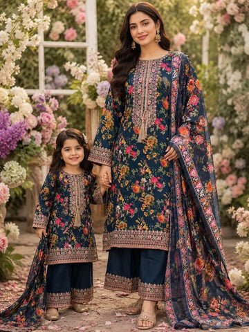 TEAL EMBROIDERED | FARSHI SALWAR LINEN MOTHER & DAUGHTER READY TO WEAR COLLECTION | - PERFECT FOR FAMILYTEAL EMBROIDERED | FARSHI SALWAR LINEN MOTHER & DAUGHTER  | - PERFECT FOR FAMILY