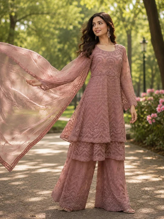 Dusty Pink Fancy Peplum With Plazzo Premium Embroidered Net Collection With Embroidered Duppatta